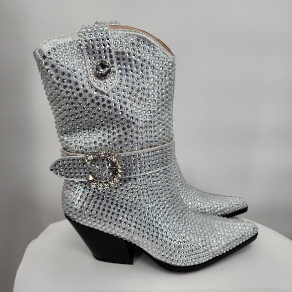 AZALEA WANG Federica Silver Crystal Shortie Western Cowgirl Boots 6-10 NWT - Picture 4 of 10